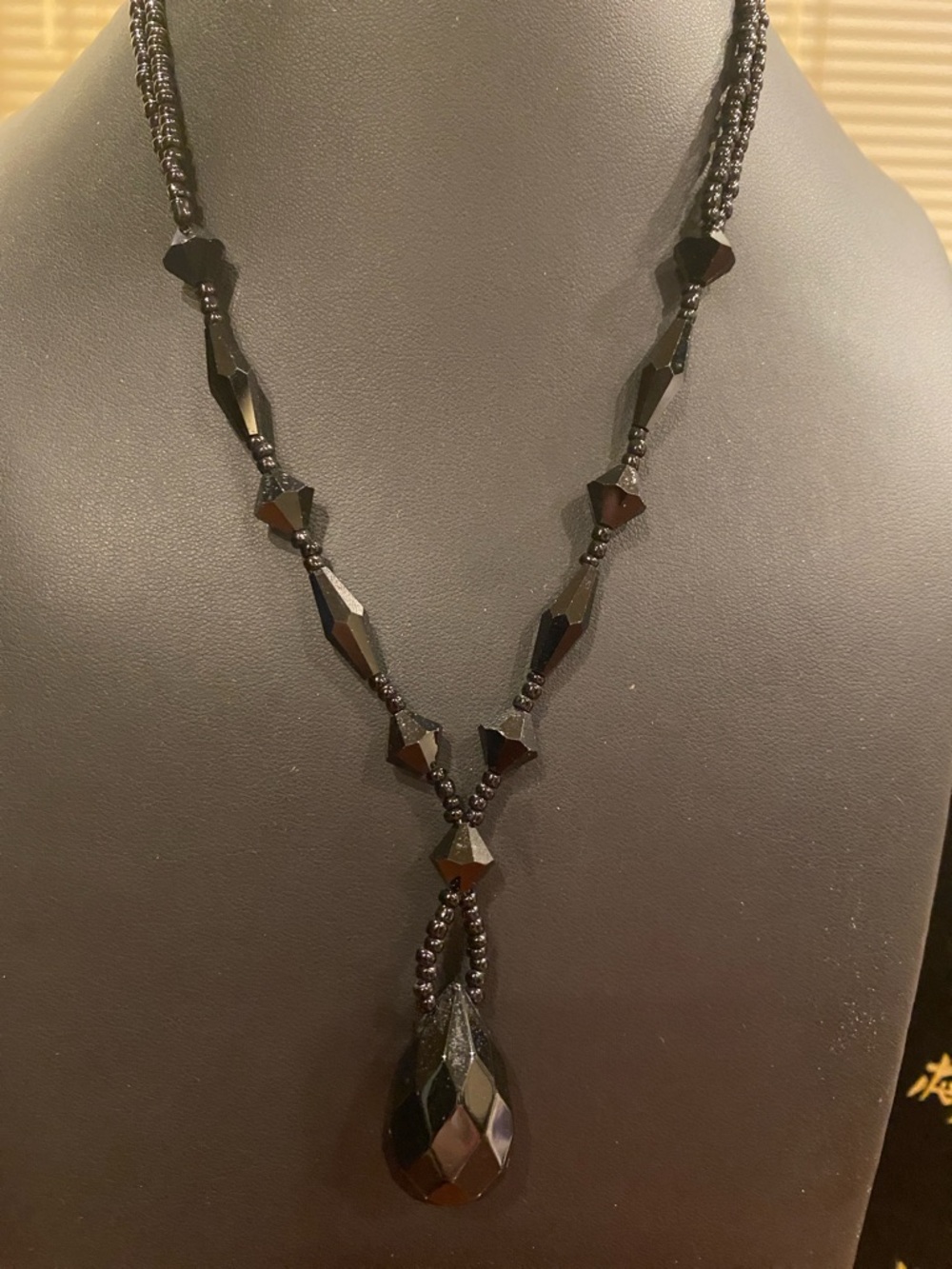 Vintage Black Faceted Crystal Teardrop Beaded Necklace